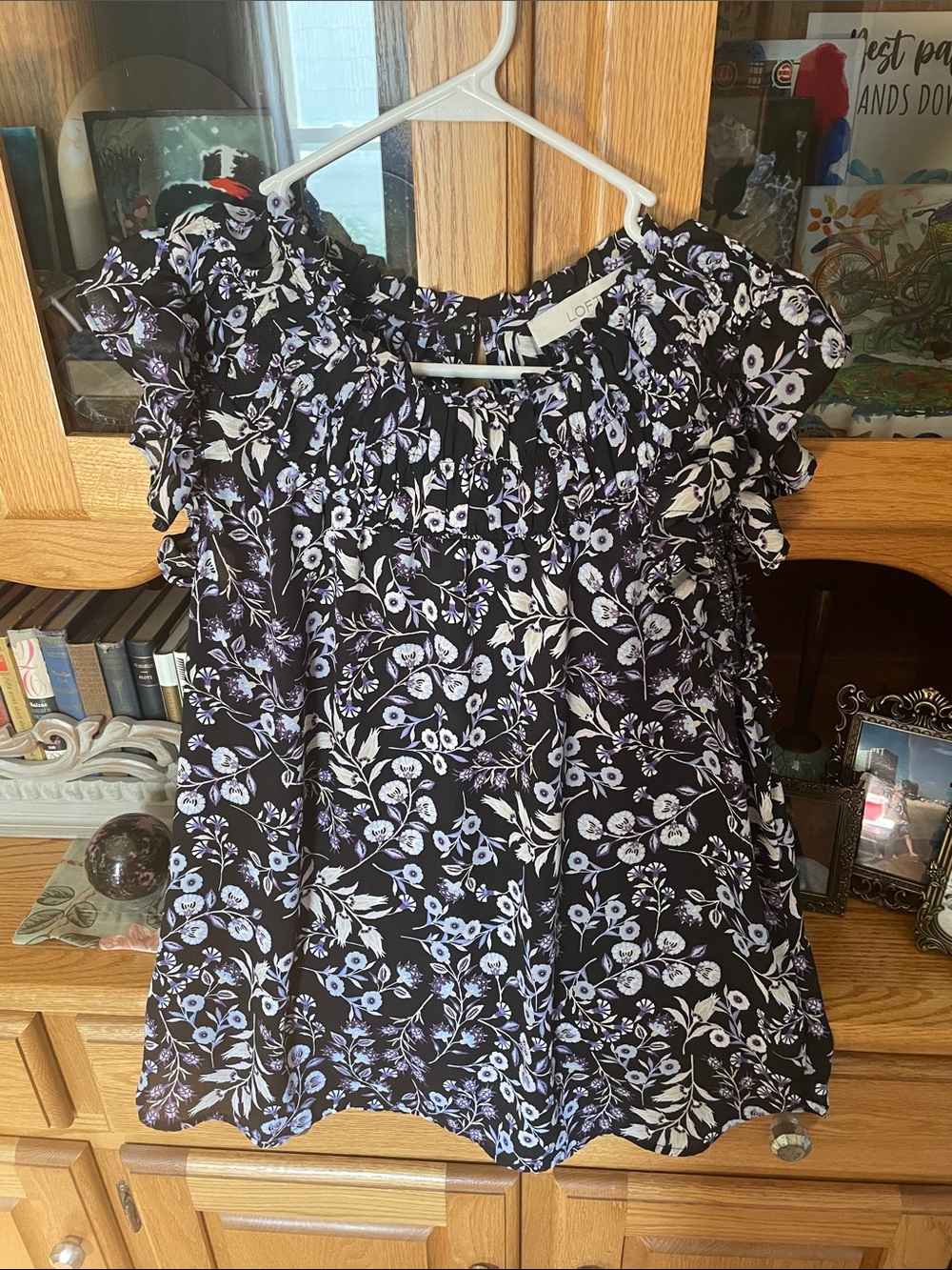 LOFT Black Floral Smocked Short Sleeve Blouse
